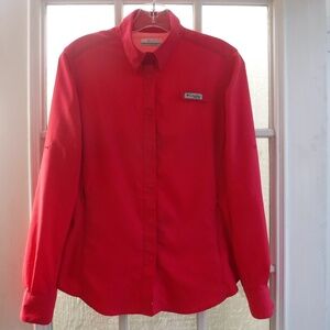 Columbia PFG Omni-Shade Red Color Button Up Roll Tab Long Sleeve Collared Shirt